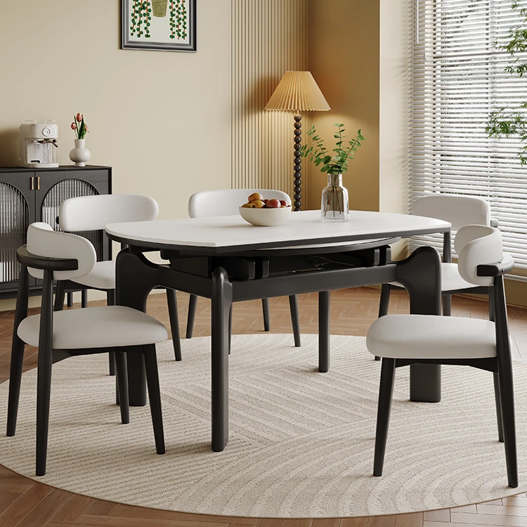 大象腿实木岩板餐桌椅组合家用小户型北欧现代简约可伸缩折叠饭桌