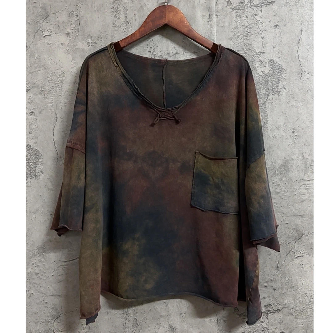 啵啵CM5021毛边V领底边卷边炒色条纹短袖