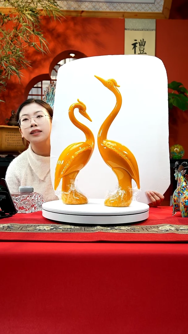 手工艺品琉璃鸡油黄仙鹤一对