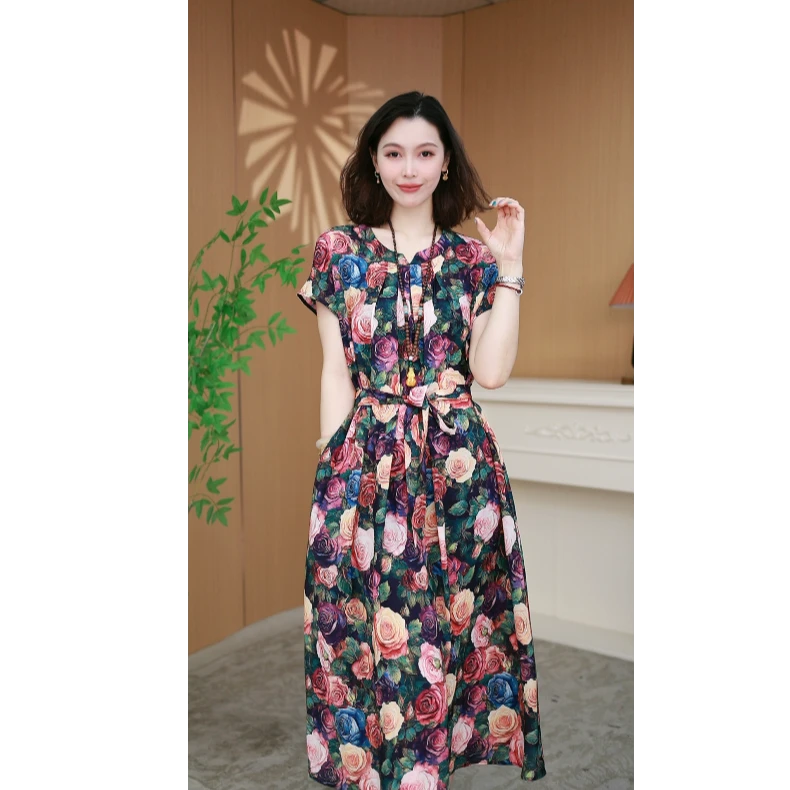 【蓝夫人 梦境花海】·女装碎花裙瘦连衣裙气质裙短袖2536V-6落肩款