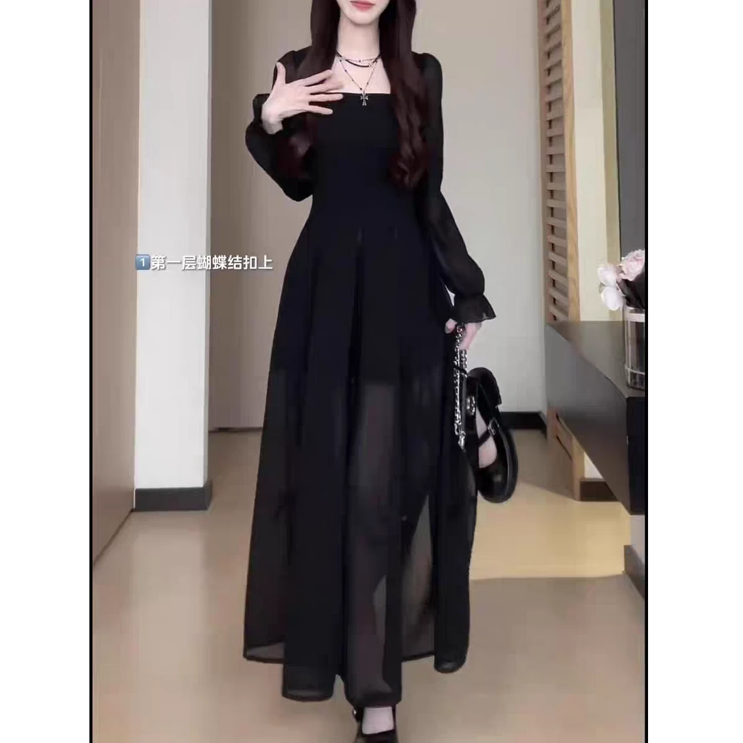 赫本风黑色蝴蝶结长裙子2025早秋减龄收腰气质法式复古长袖连衣裙