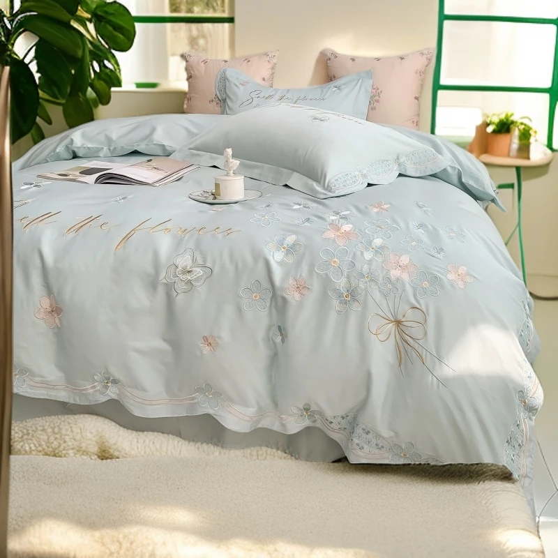 2025新款120S长绒棉金线刺绣床上四件套轻奢高级感床单人被套高端
