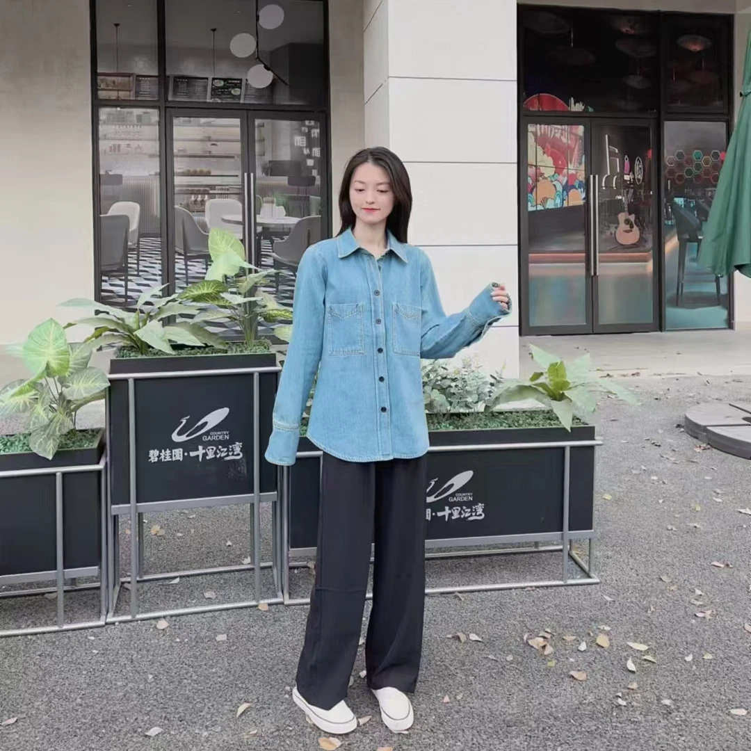 修身纯棉内搭叠穿衬衣 单穿复古港风牛仔衬衫上衣