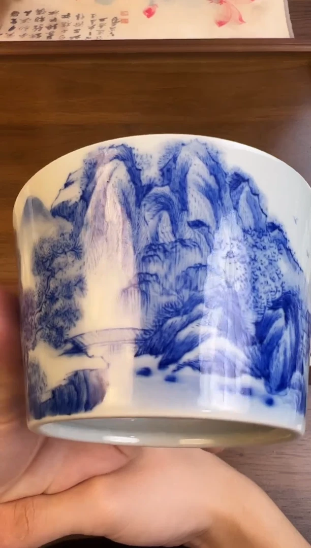 问青坊纯手工手绘青花山水柴窑直口杯