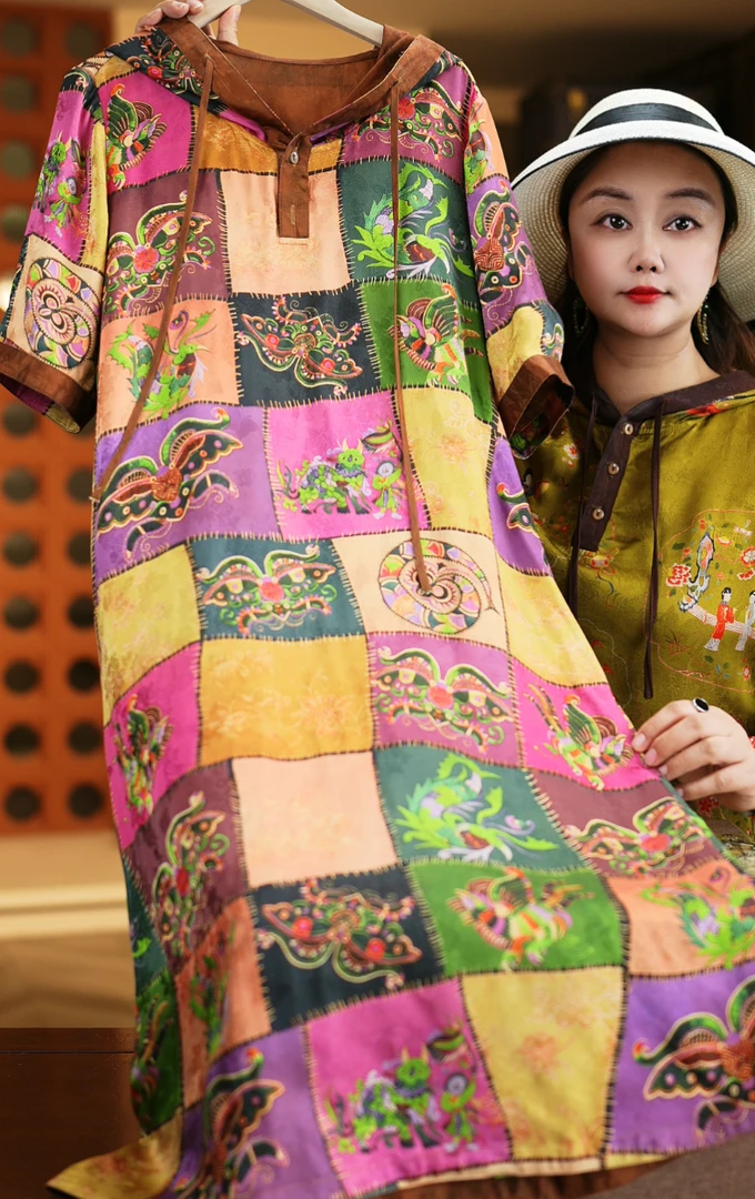 <<非遗美学>>新中式百家布桑蚕丝撞色复古印花连衣裙1163