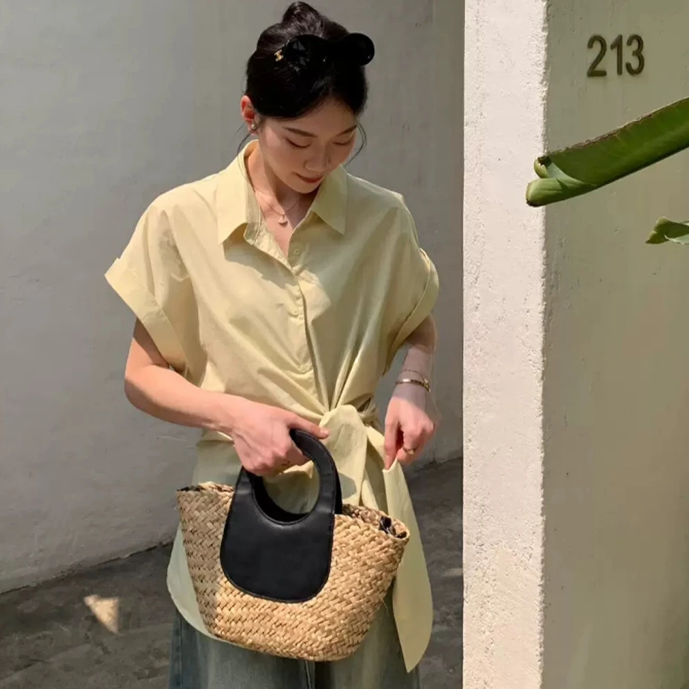 夏橙橙 时尚休闲百搭衬衫夏季不规则宽松小众显瘦设计感气质