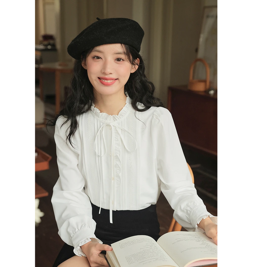 法式甜美木耳花边立领长袖衬衫女2025春减龄气质内搭打底小衫上衣