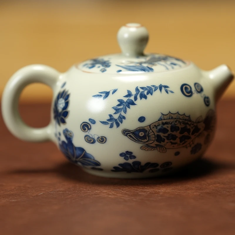 汝窑开片鱼藻纹手工描银鱼戏年间西施壶球孔过滤精致泡茶壶 s1002