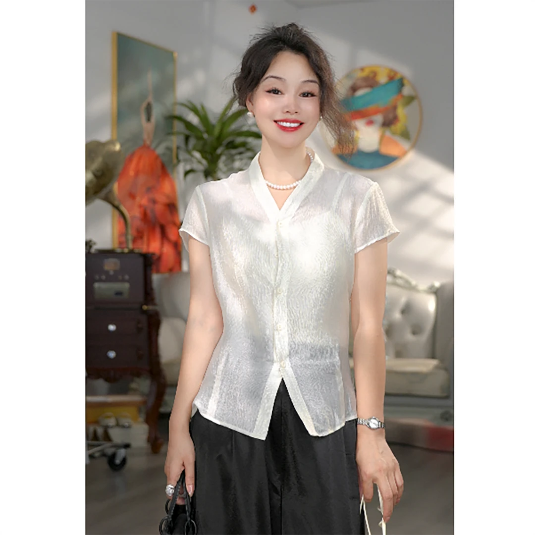 无印心匠A969 薄款纯色夏季醋酸短袖小衫休闲宽松V领纽扣k1787