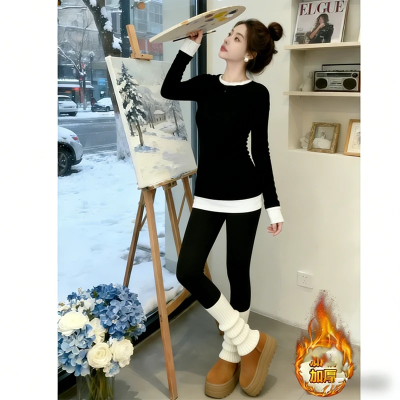 中长款磨毛打底衫女秋冬内搭修身显瘦假两件不规则t恤遮屁股上衣