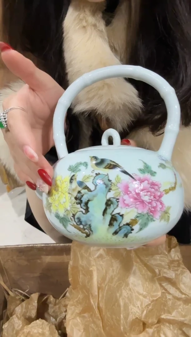 壶陶瓷绿稀花鸟提梁壶+礼盒