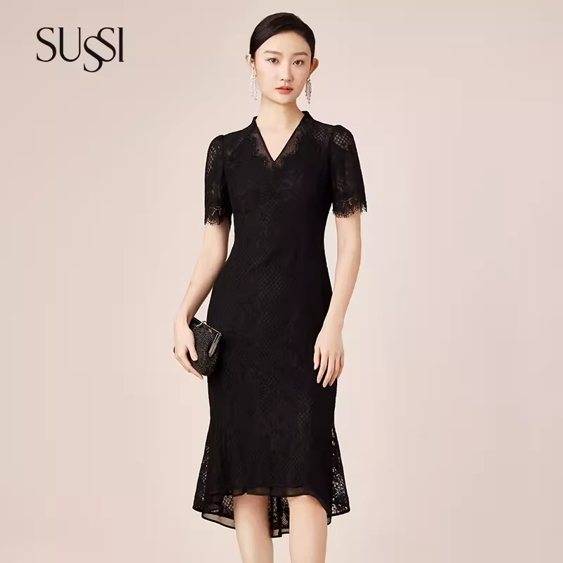 SUSSI/古色夏商场同款黑色蕾丝短袖中长款鱼尾连衣裙礼服裙女