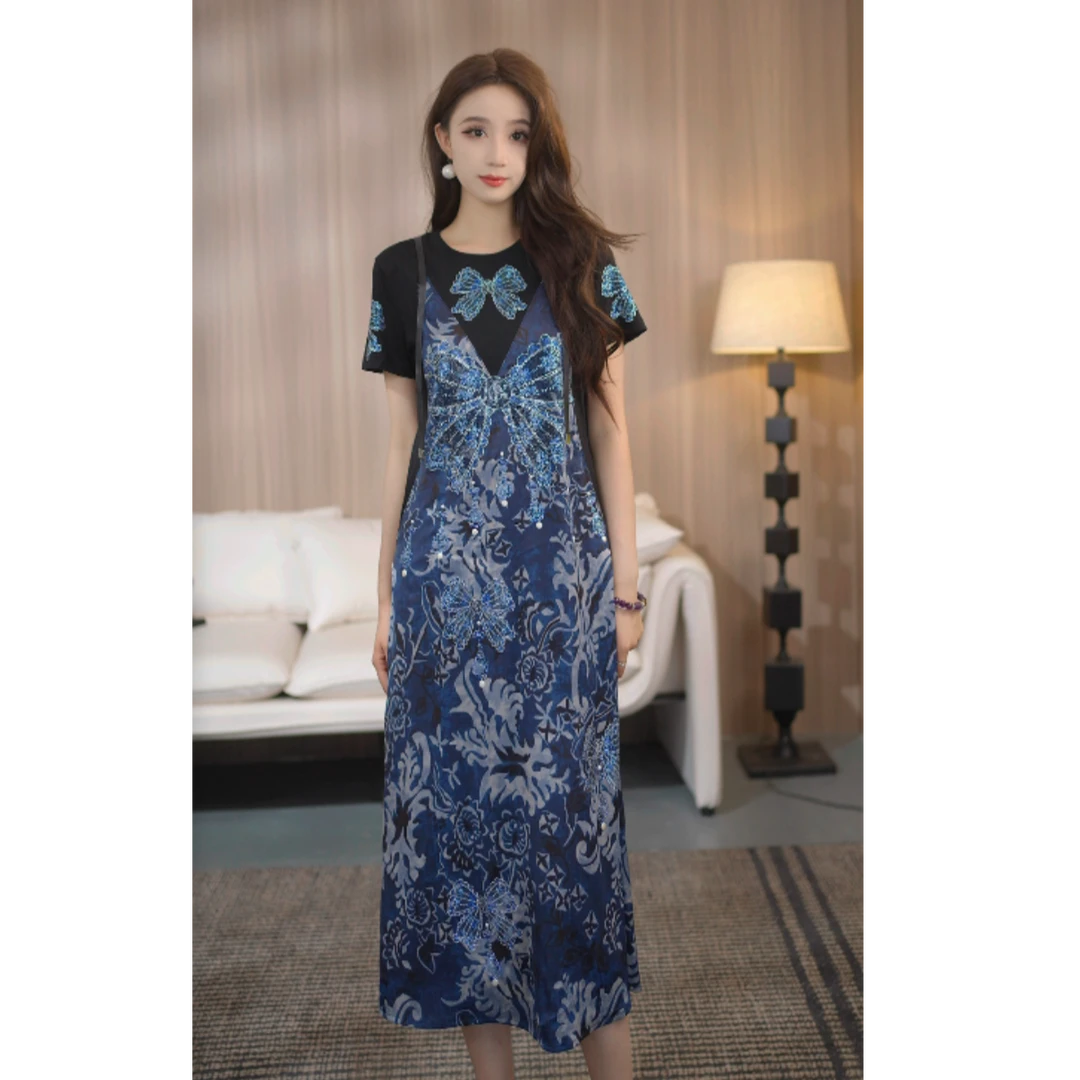 TCH烫钻工艺时尚休闲气质蝴蝶连衣裙女T75B30E5123轻奢tch