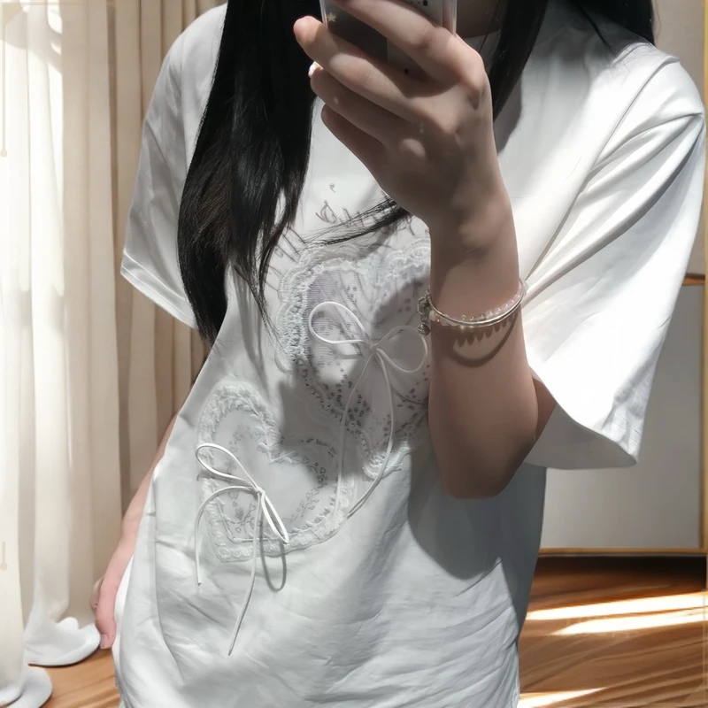韩系穿搭立体蝴蝶结爱心蕾丝刺绣中国风百搭个性设计感T恤减龄