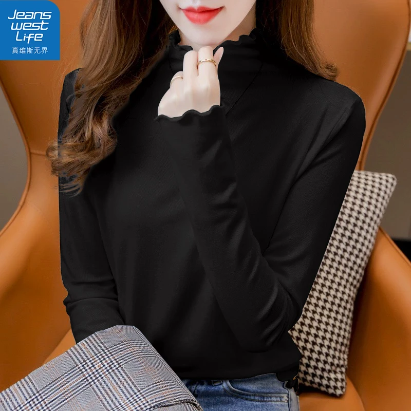 真维斯无界女士木耳边薄绒打底衫时尚配色秋冬穿搭吸睛百搭款长袖