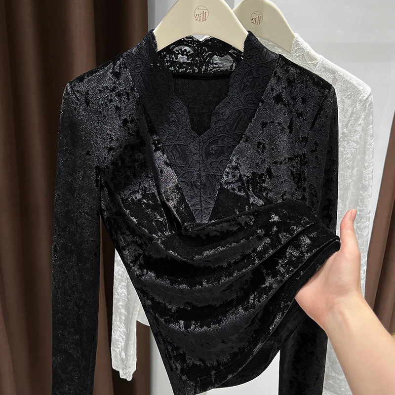 黑色蕾丝花边V领打底衫女款爆款2025新款丝绒高级感长袖t恤薄款