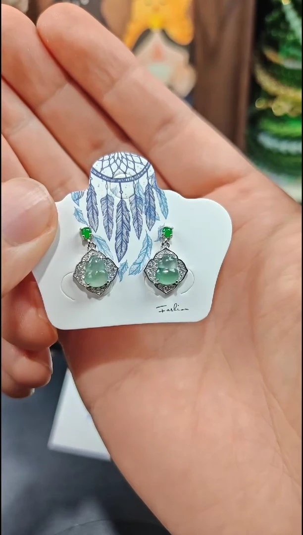 银S925镶嵌翡翠耳饰翡翠耳饰S925银镶嵌