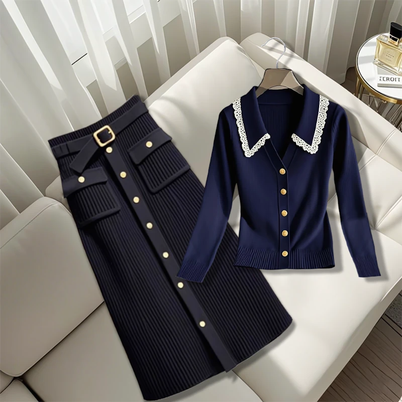 今年流行穿搭一整套独特别致蕾丝花边翻领针织衫高腰减龄半身裙女