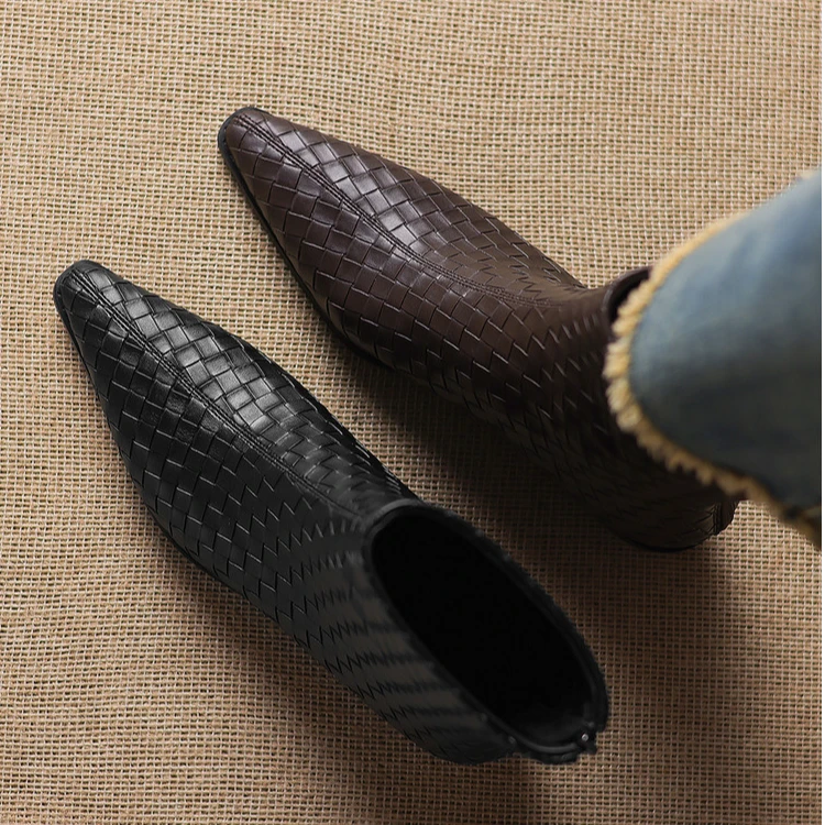 软牛皮网状编织纹粗跟尖头马丁靴女短靴2025秋冬新款中跟真皮女靴