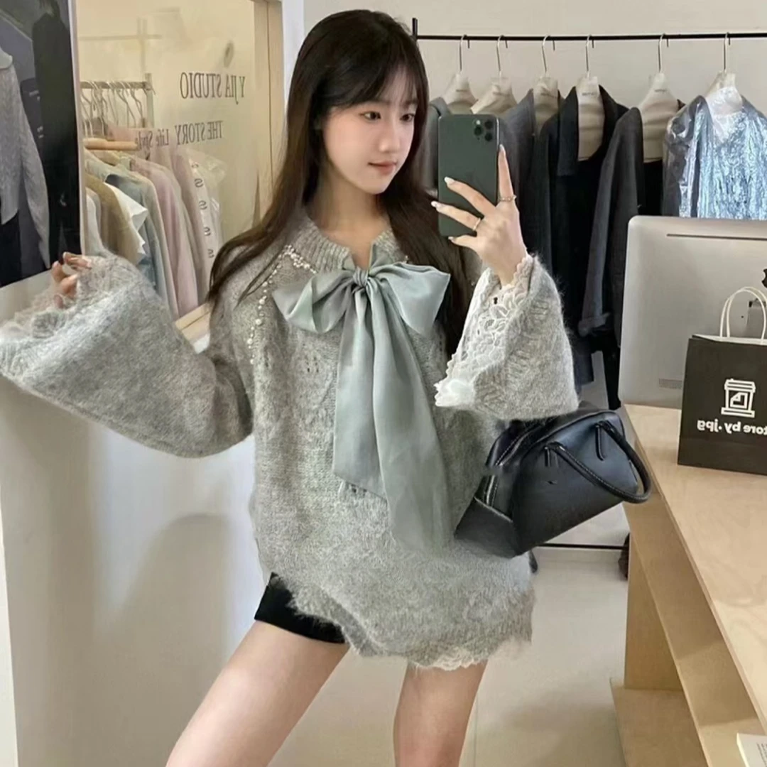 绝美蝴蝶结钉珠蕾丝花边温柔气质显瘦毛衣女