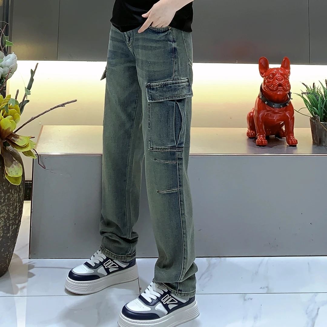 [周晓君】2025春季新款高端男士休闲新潮侧边大口袋牛仔直筒裤5505