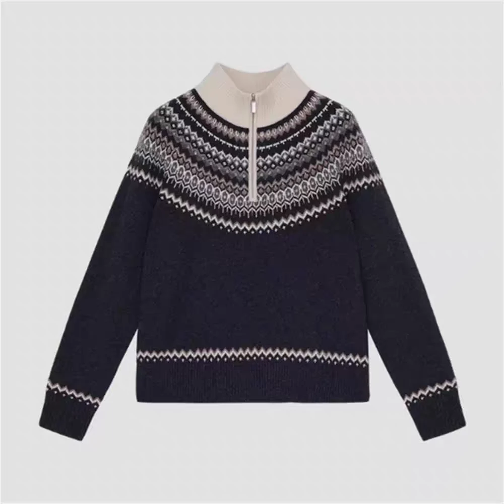 1072禾女装早秋新款混纺费尔岛提花中领拉链套头针织衫毛衣