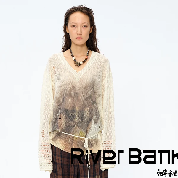 河岸家买手店设计师square circle方圆印花V领绑绳针织衫女25春夏