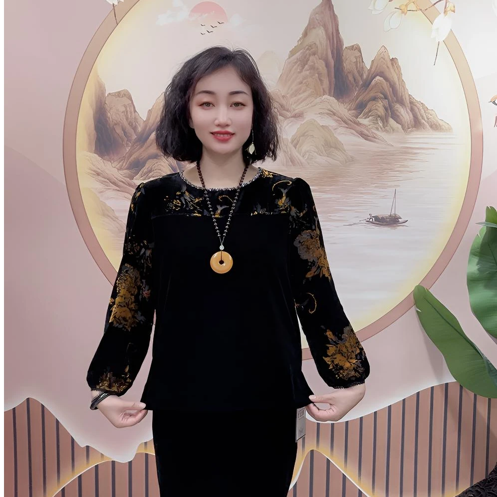 新款圆领植绒烧花拼接打底衫中老年妈妈装新中式上衣加裤子
