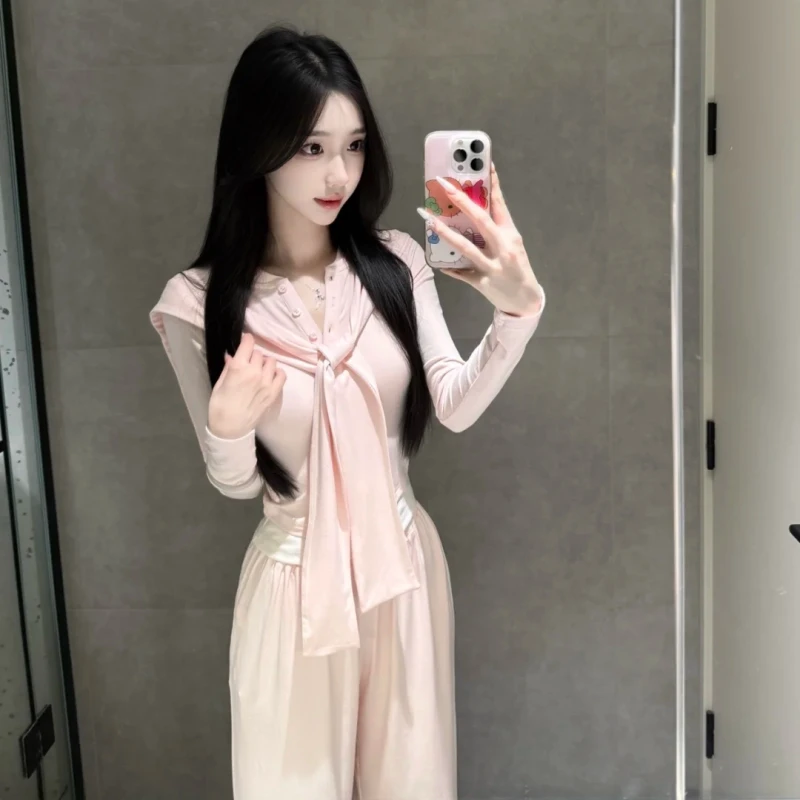 休闲套装粉色长袖针织衫披肩上衣女春季穿搭高腰阔腿裤长裤三件套