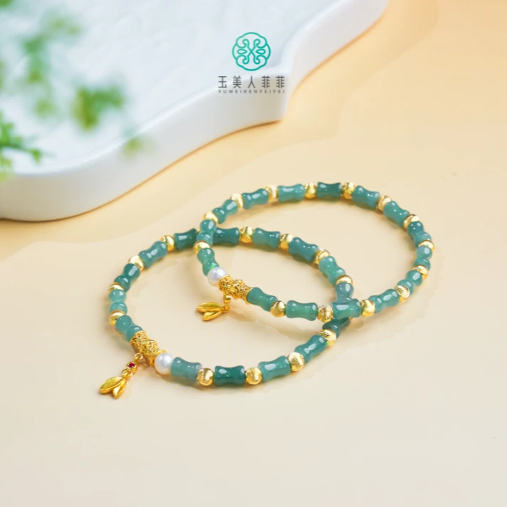 石惑珠宝%翡翠单圈竹节圆珠手串约5mm%多样性发一