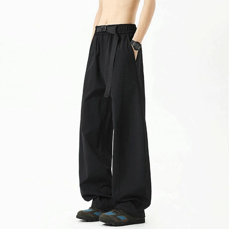 夏季男士休闲裤韩版宽松直筒自带腰带胖人长裤薄款大码百搭垂感潮