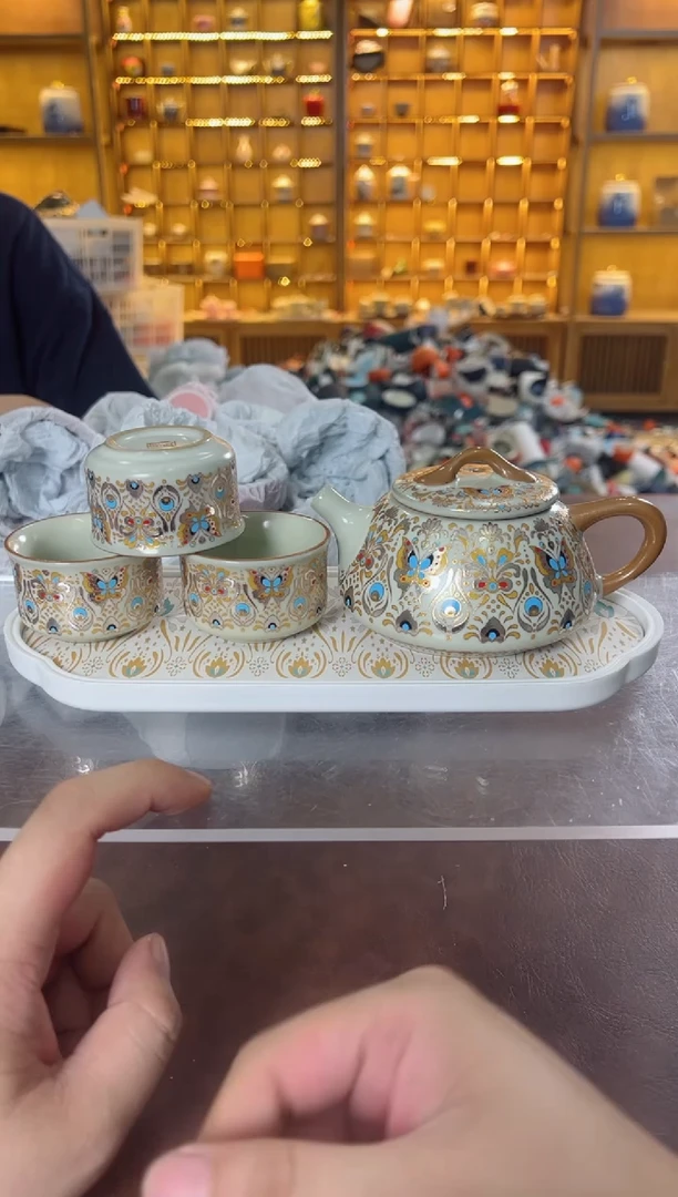 瓷片鸣盏居11111111金银错石瓢壶+3杯+茶盘