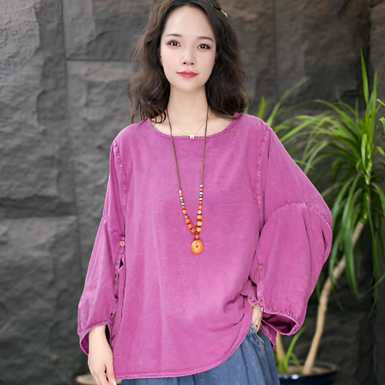 JJ灯笼袖中袖做旧梭织圆领速干T恤新中式嬉皮部落风长袖复古文艺