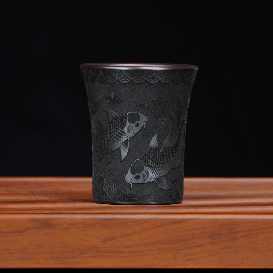 宜兴全手工原矿茶具正宗石黄手刻年年有余锦鲤精致自用紫砂主人杯