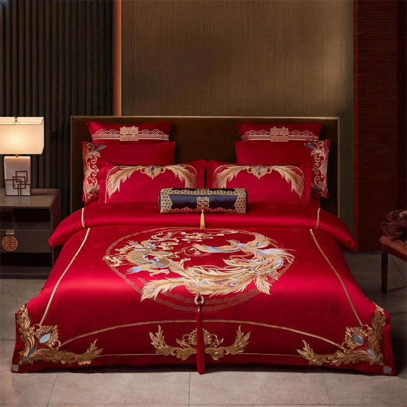 轻奢纯棉提花婚庆四件套陪嫁高端刺绣全棉床品新婚送礼长绒棉套件