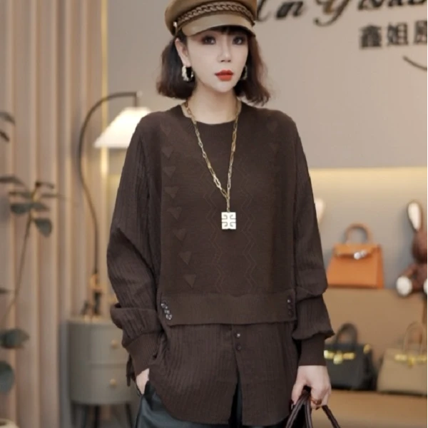 XX&【韩版假两件抽绳上衣】XX702#2025假两件时尚百搭气质抽绳上衣