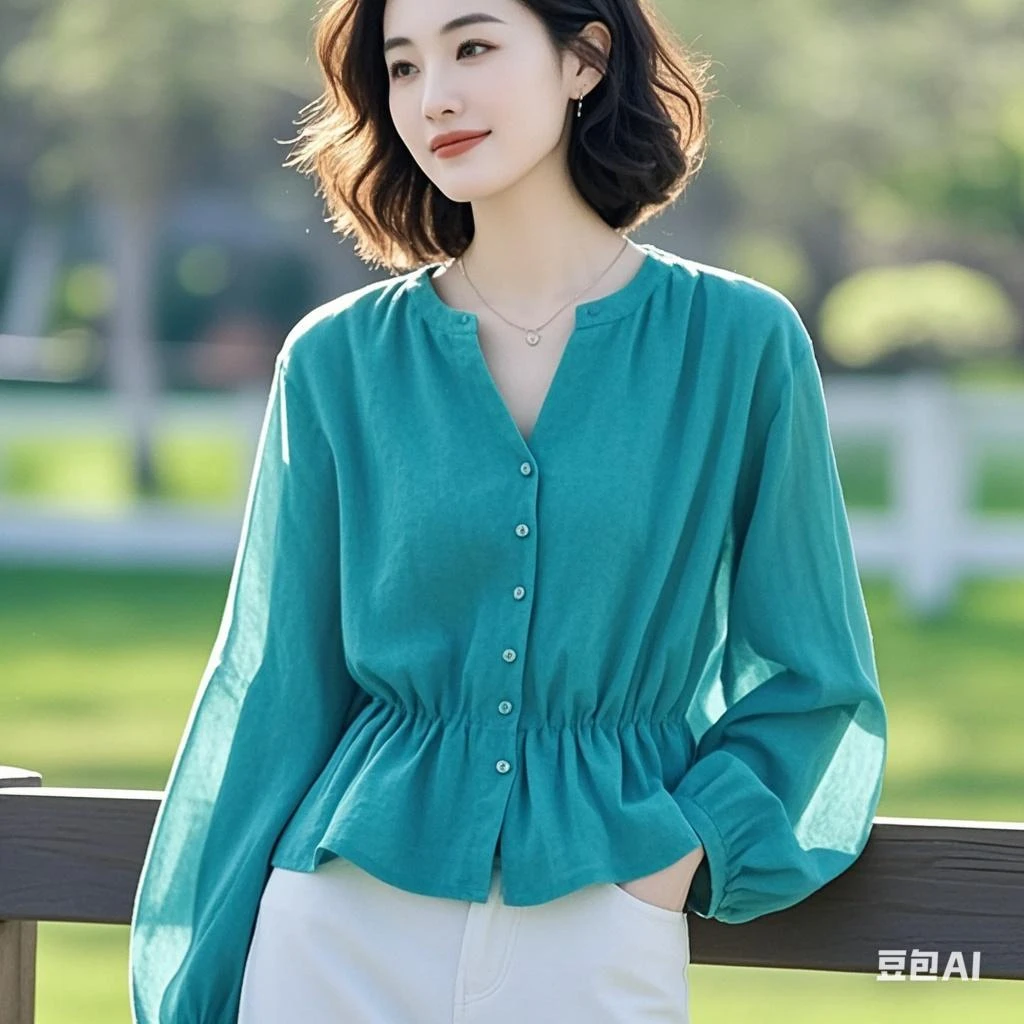 开春大码女装小众穿搭超好看独特漂亮时尚芥末绿色棉麻衬衫上衣