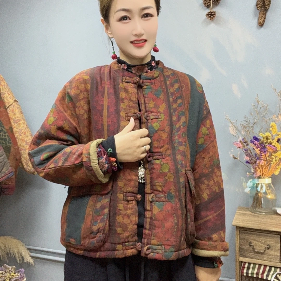 原创冬装新款复古新中式立领盘扣亚麻印花棉衣女夹棉加厚外套