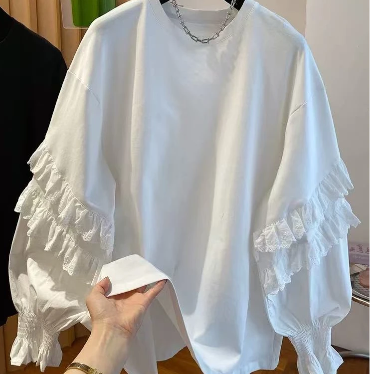 设计感2025春季新款木耳花边袖减龄宽松百搭T桖2175