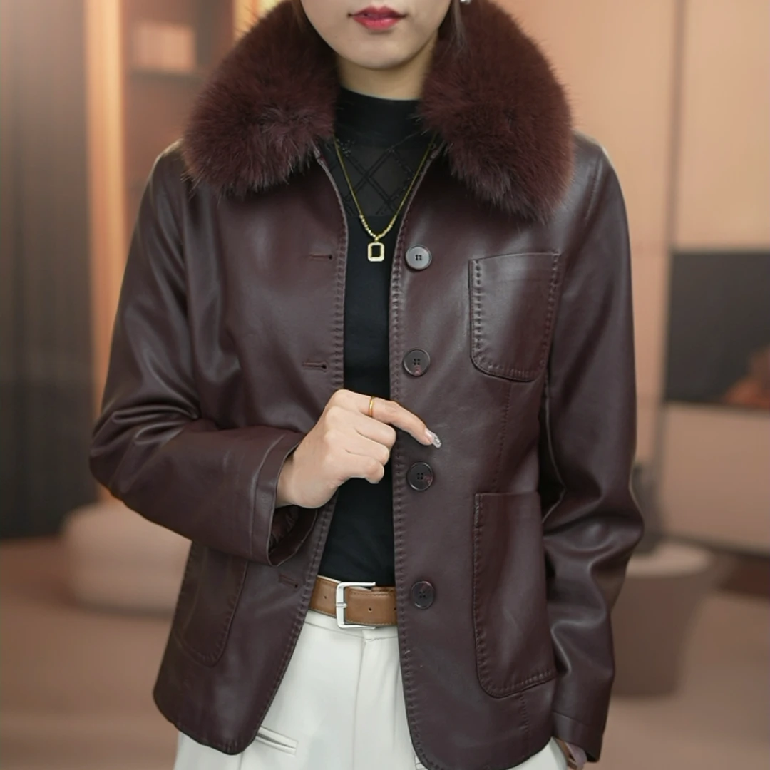 【毛领可拆】加绒加厚皮衣女外套2025冬季新款国风款百搭保暖皮夹克