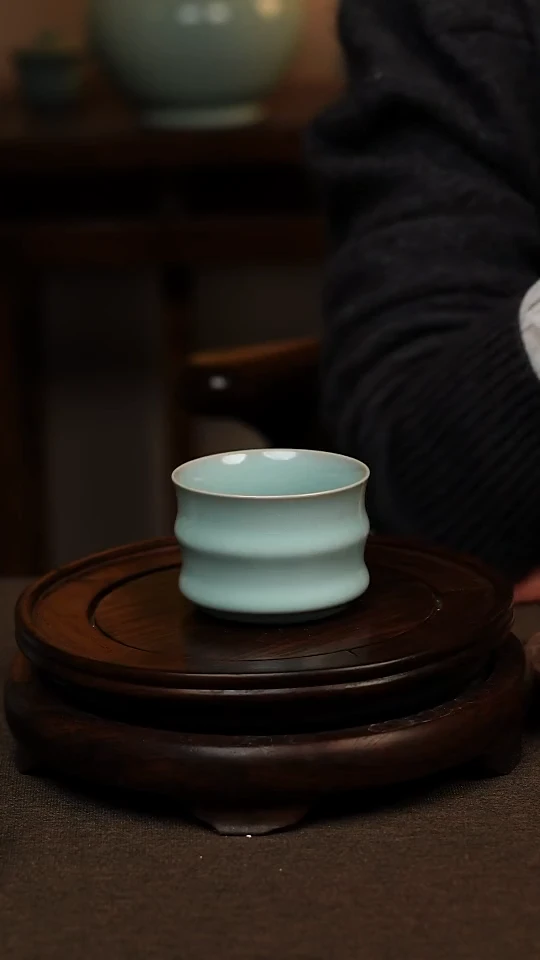 瓷片天青色全手工竹节杯100ml微瑕不带礼盒