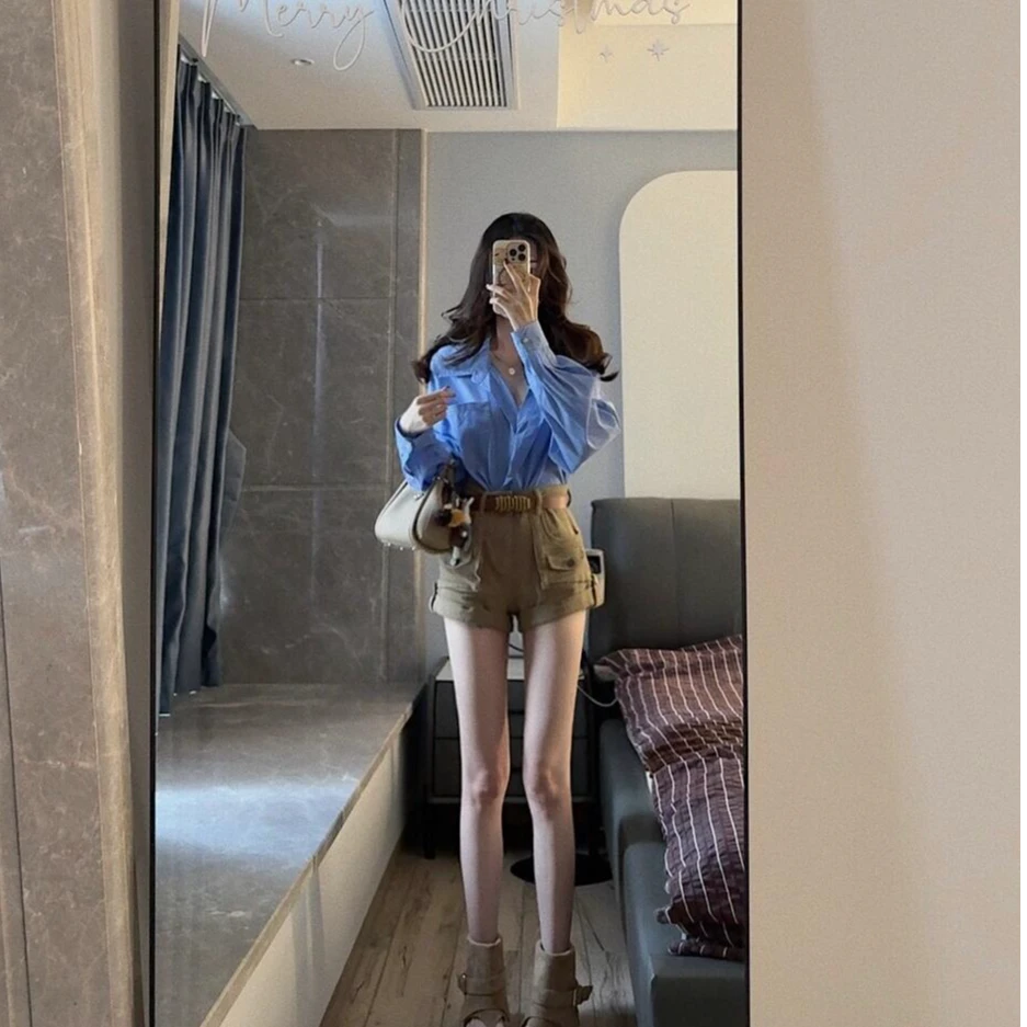 通勤休闲时尚套装女秋季2025新款蓝色衬衫长袖韩系百搭短裤两件套