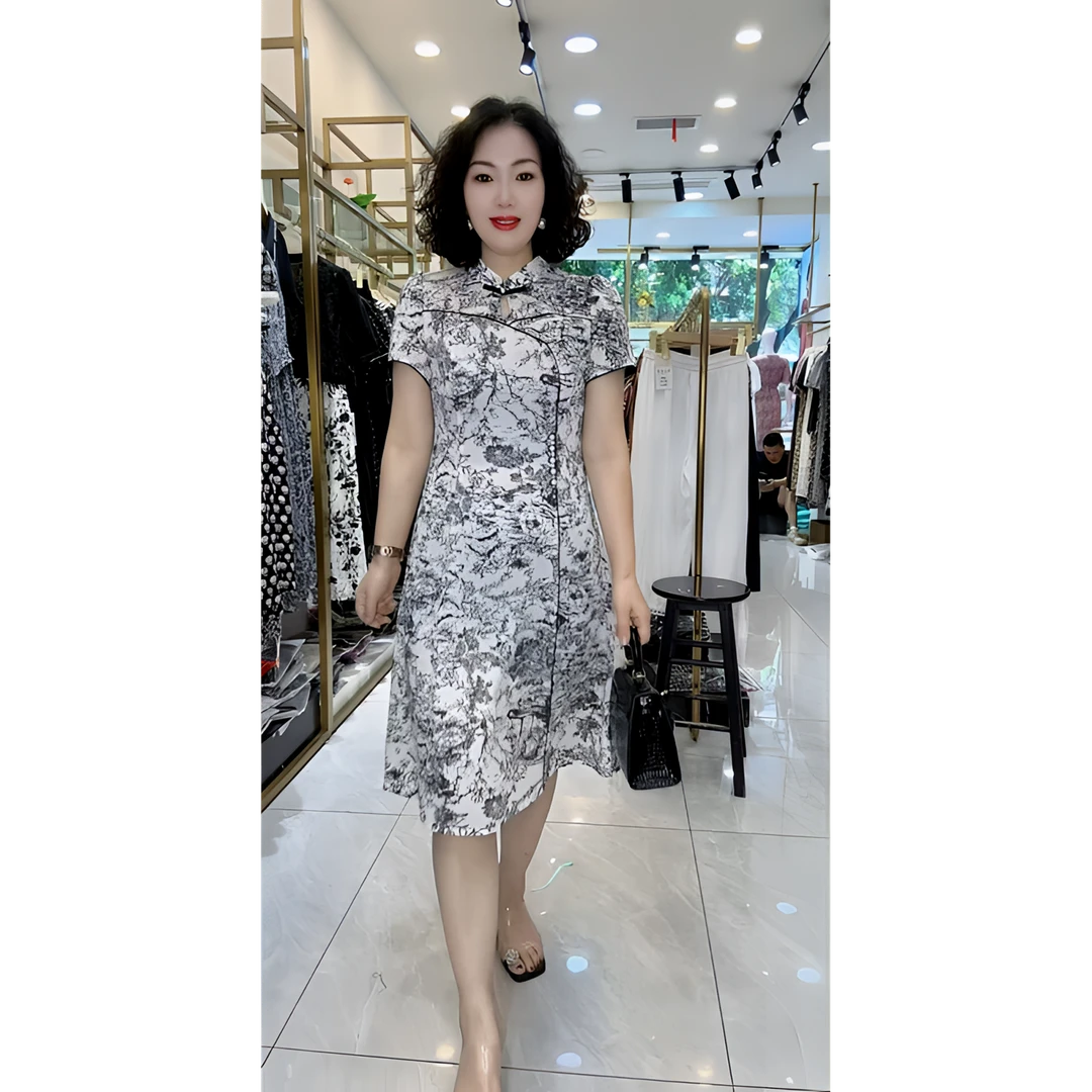1287新中式旗袍蕾丝显瘦气质时尚夏季复古修身印花中国风连衣裙