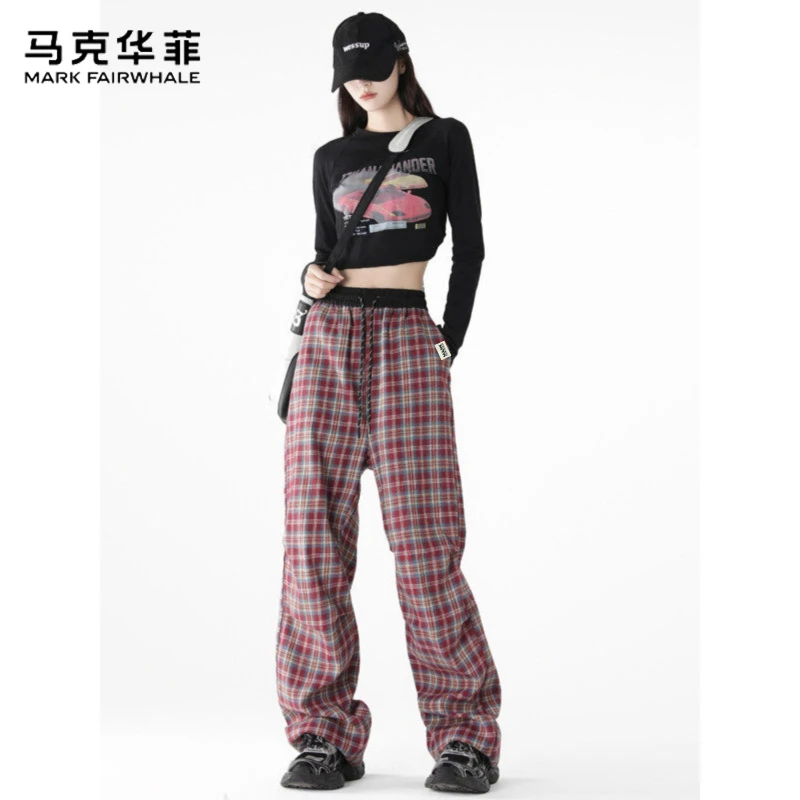 马克华菲秋季新款美式休闲格子纹褶皱长裤男女同款慵懒高级休闲裤