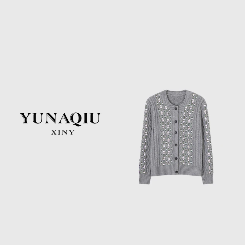 KUNGE--3080手工串珠时尚圆领羊毛绞花针织开衫秋冬新款毛衣外套