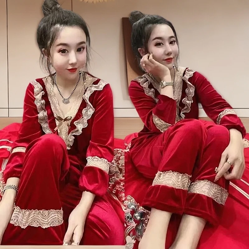 金丝绒睡衣女大码女士2024新款大码红色洋气韩版宽松家居服两件套
