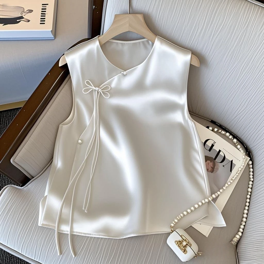 缎面圆领无袖衬衫女夏季新款简约纯色凉感新中式缎面上衣国风衣服