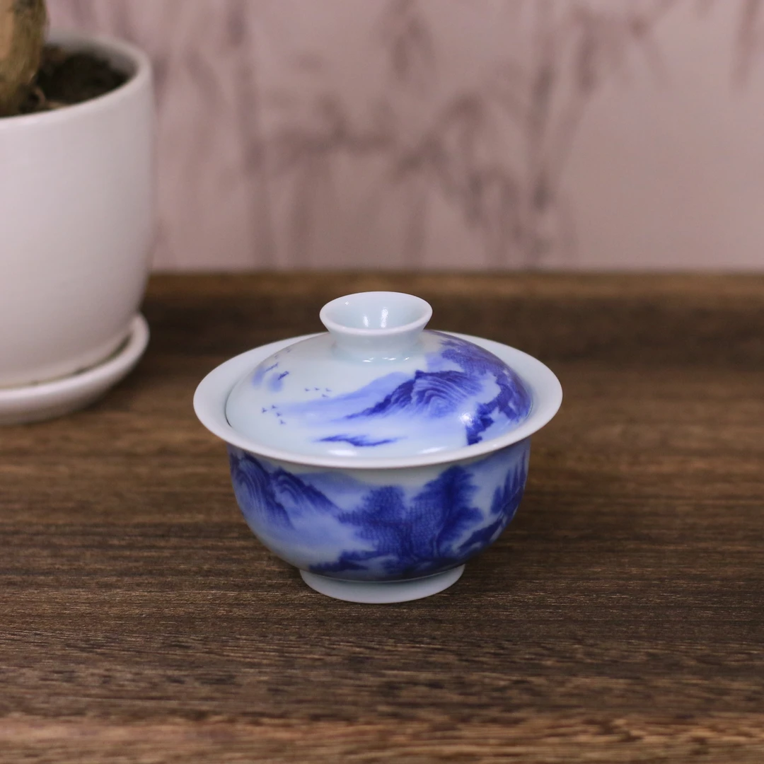 【寒芦窑】纯手工纯手绘元青花山水精工两才盖碗家用陶瓷盖碗150cc