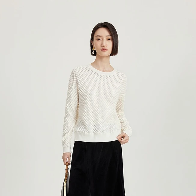 2025纳薇68C1 圆领显瘦女镂空毛针织衫温婉优雅套头衫时尚百搭
