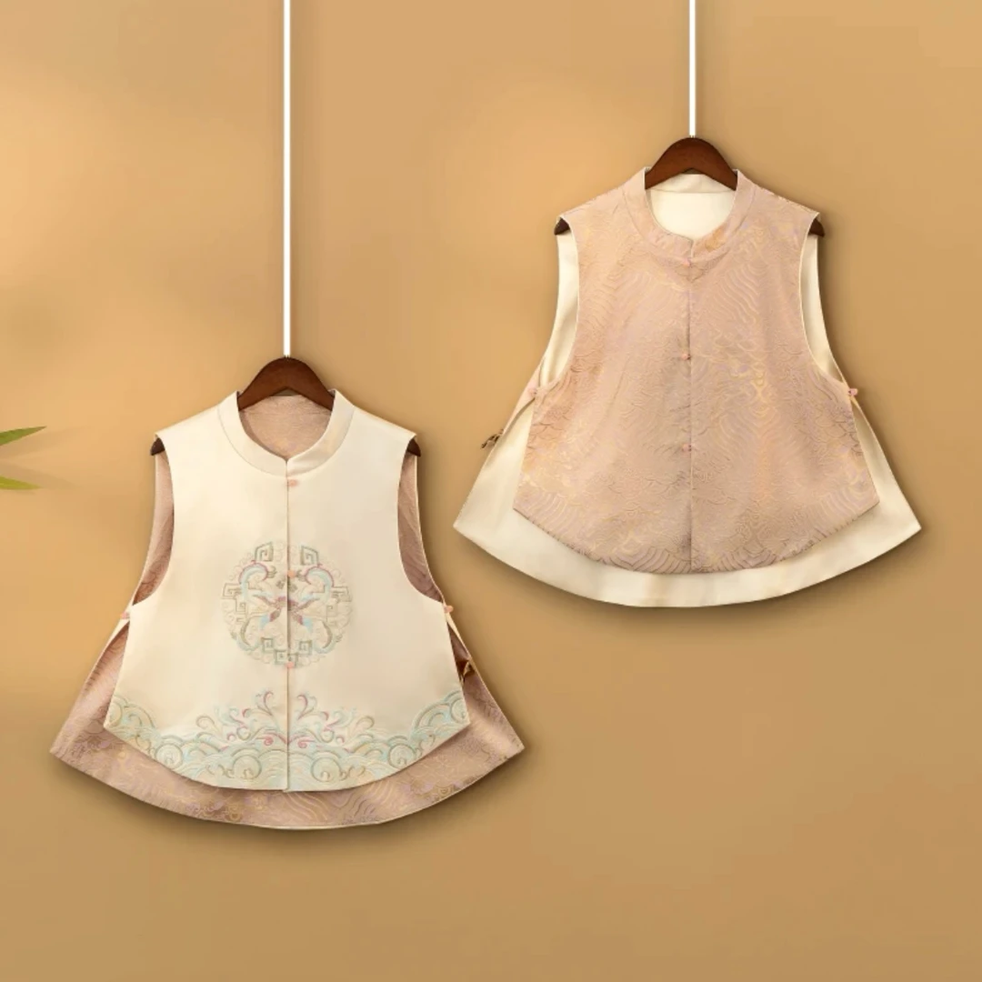 【白月光】双面双穿春季国风上衣马甲新中式立领提花马夹外套女装